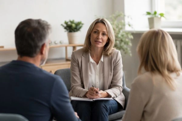 Couple discussing financial arrangement , pensions in divorce Cumbria